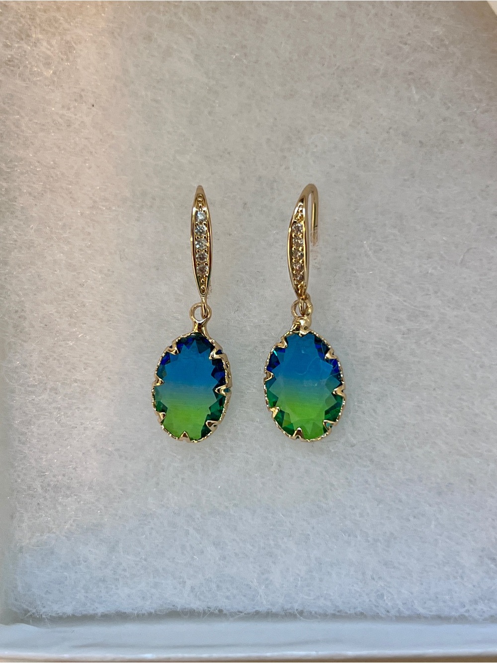Gold Drop Earrings with Blue-Green Oval Crystal